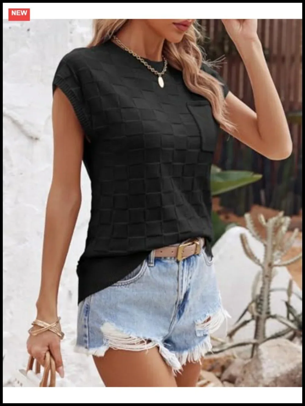 Women's Cap Sleeve Checkered Knit Sweater Vest Crewneck Loose Fit Pullover